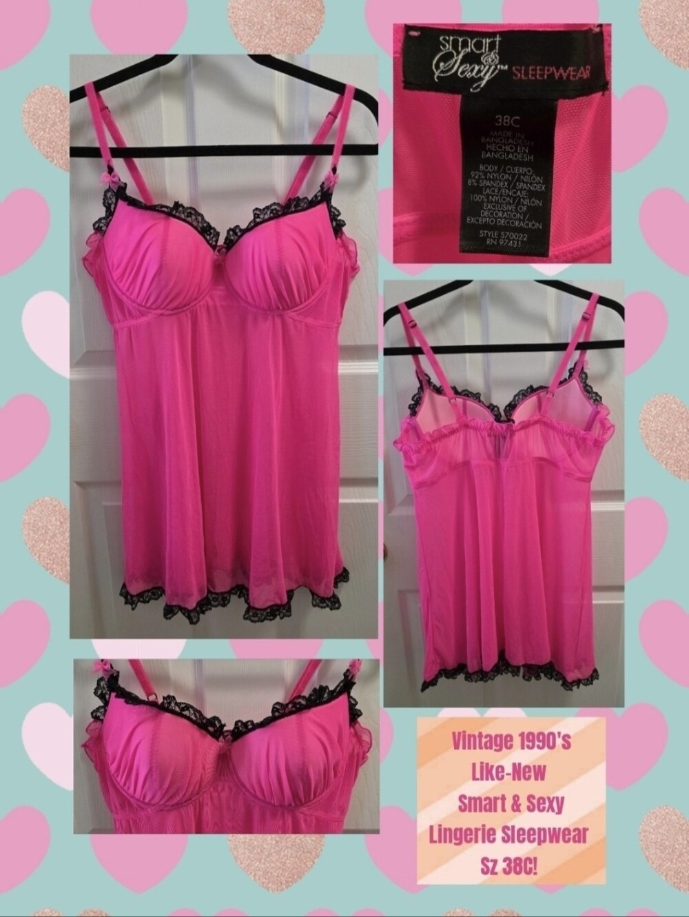 Vintage 1990's Smart & Sexy Women's Hot Pink Lace-Trim Chemise (38C)